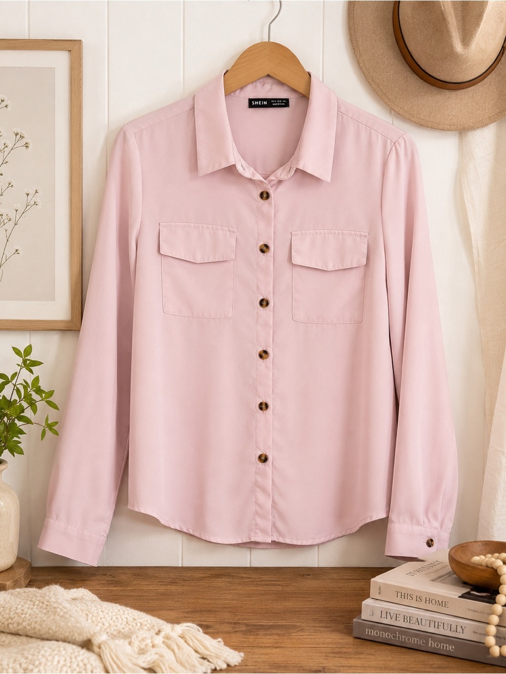 SHEIN Women's Pink Button Front Long Sleeve Blouse Shirt Size Medium